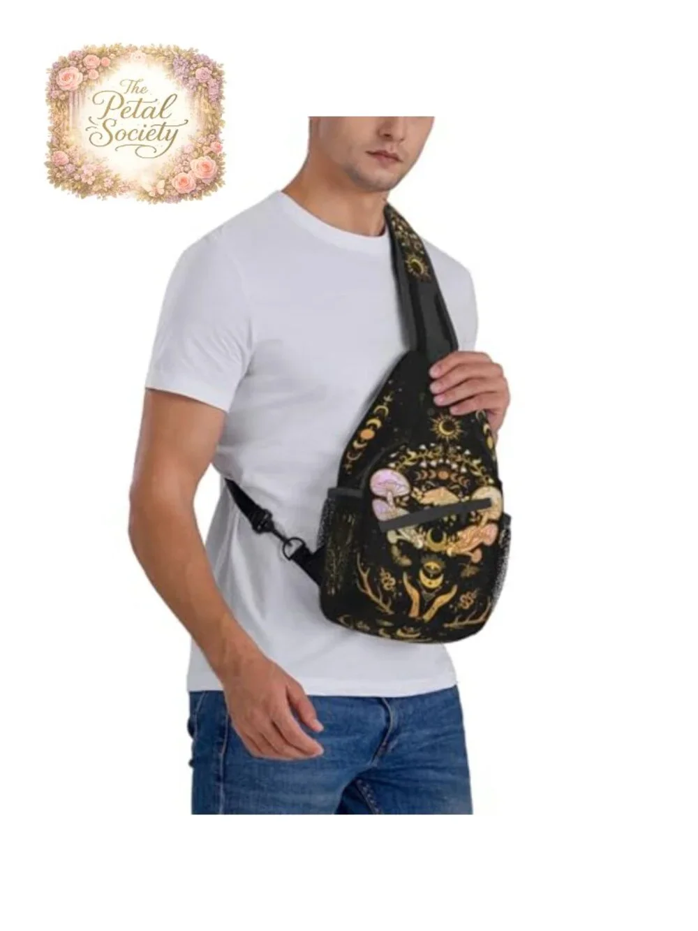 Witchy Crossbody Sling Bag with Moth Moon Mushroom Print, Polyester Travel Bag